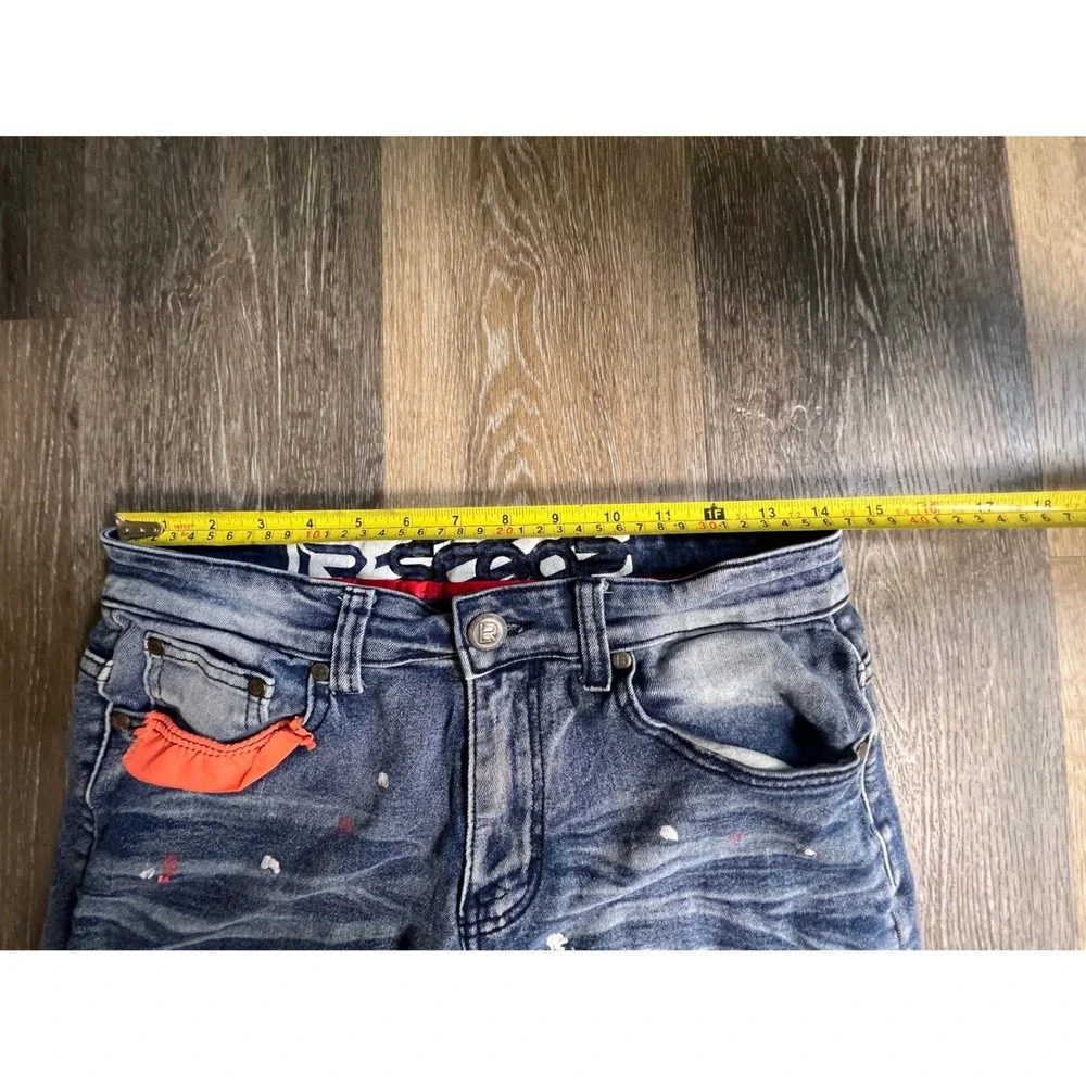 LR Scoop Distressed Jeans Mens‎ 32x30 Blue Good Paint Splatter Moto Ripped Denim